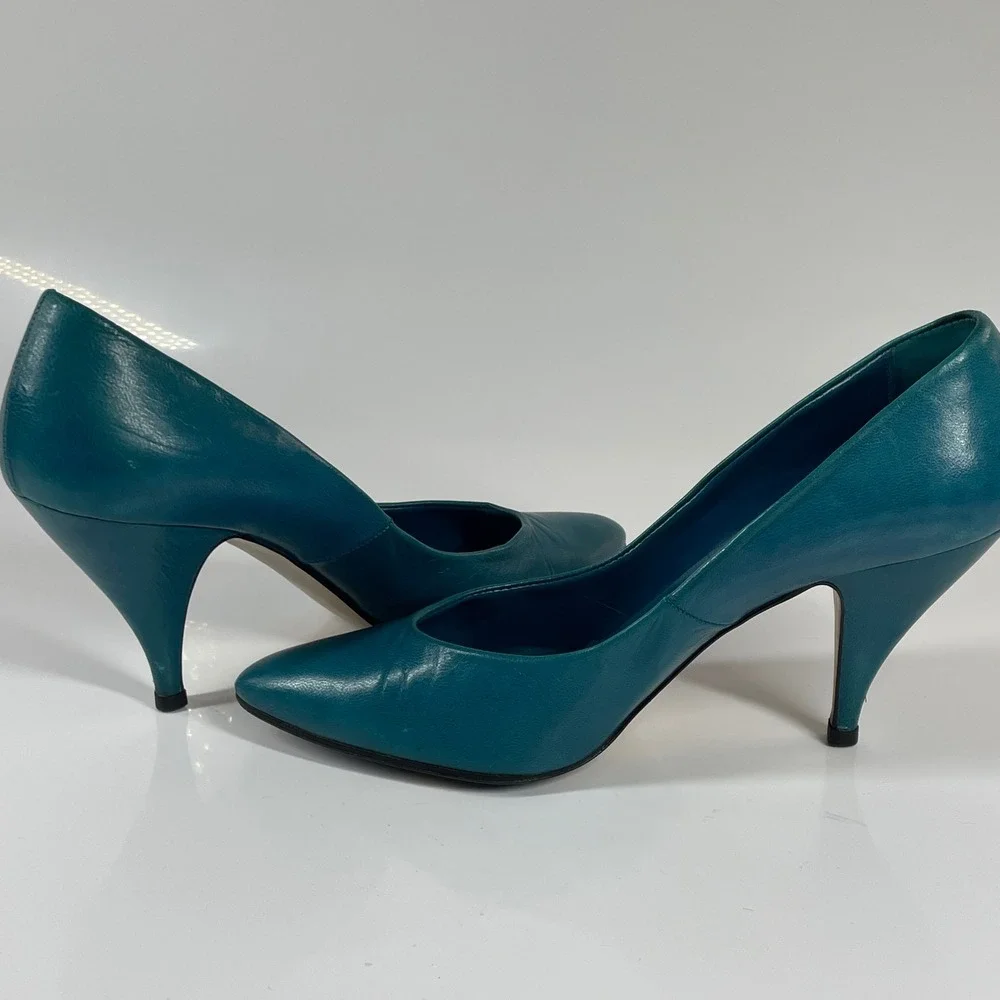 Vintage Nina Turquoise Blue Leather 80s High Heel Pumps Size 6-6.5 Halloween